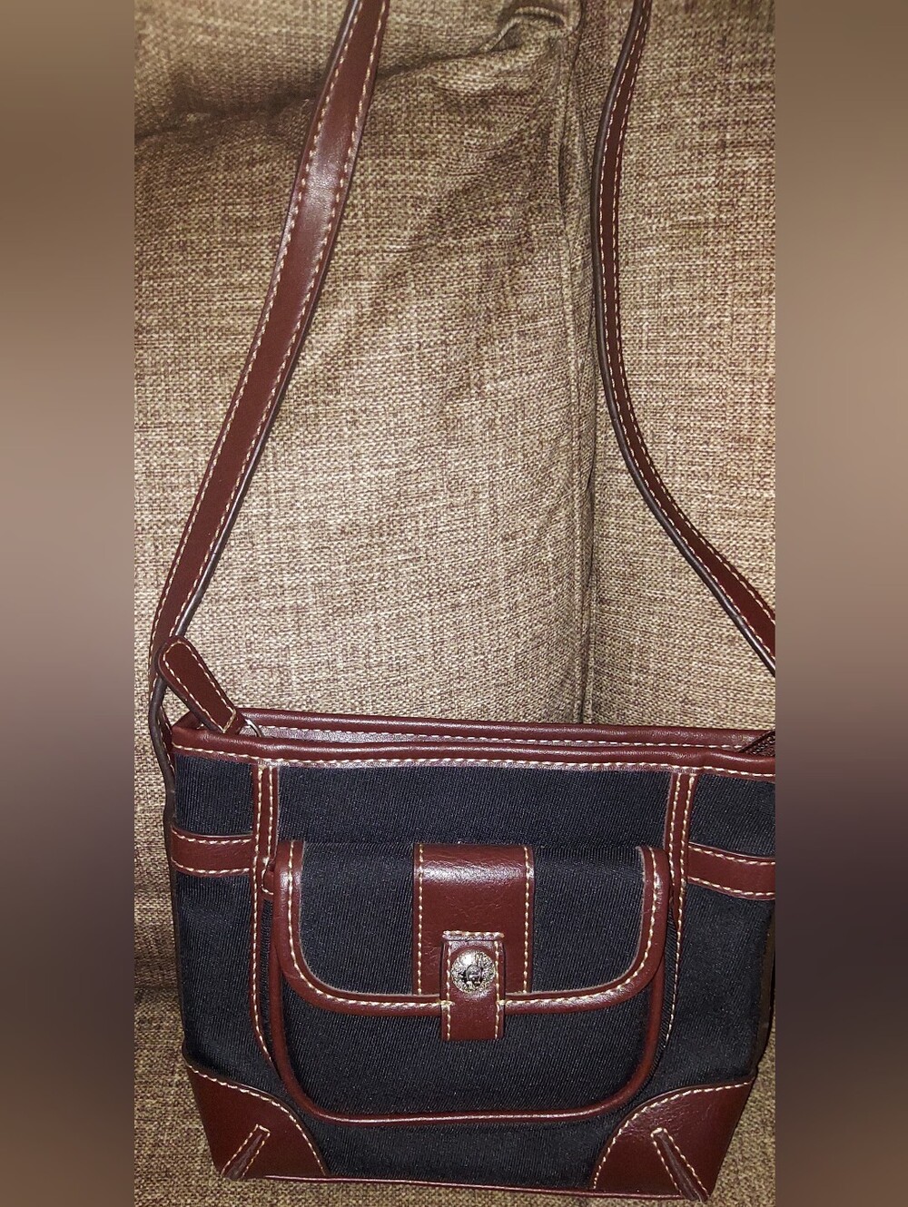 Etienne Aigner Black Canvas Crossbody with Brown Leather Trim